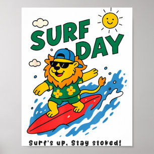 Póster León Divertido Surfing Vacaciones de Verano Día de
