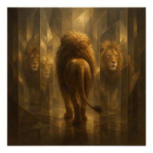 Póster León Dorado en un Laberinto de Espejos – Majestuos