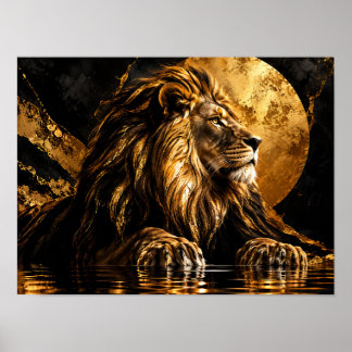 Póster León dorado metálico a la luz de la luna