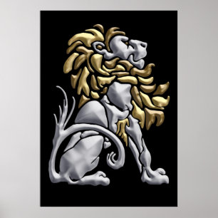 Póster León dorado y plateado Art Deco
