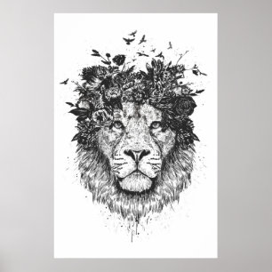 Póster León floral (blanco y negro)
