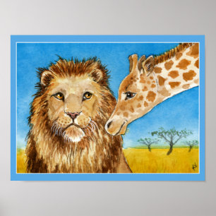 Póster León, jirafa, poster africano de los animales