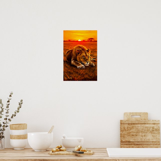 Póster León Macho Descansando en la Sabanas Doradas (Cocina)