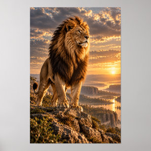 Póster León Macho en Mirador Rocoso al Atardecer Dorado S