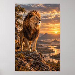 Póster León Macho en Mirador Rocoso al Atardecer Dorado S