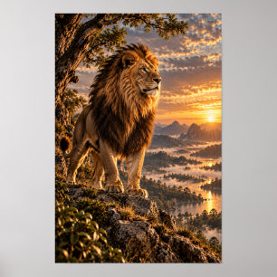 Póster León Macho en Mirador Rocoso al Atardecer Dorado S