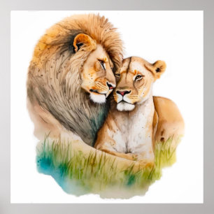 Póster León macho y hembra enamorado foto de los amantes 