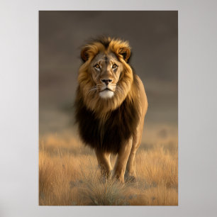 Póster León majestuoso en la sabana dorada