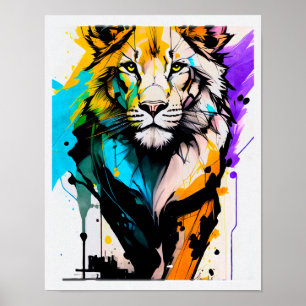 Póster León negro formas líneas pinturas salpicaduras púr