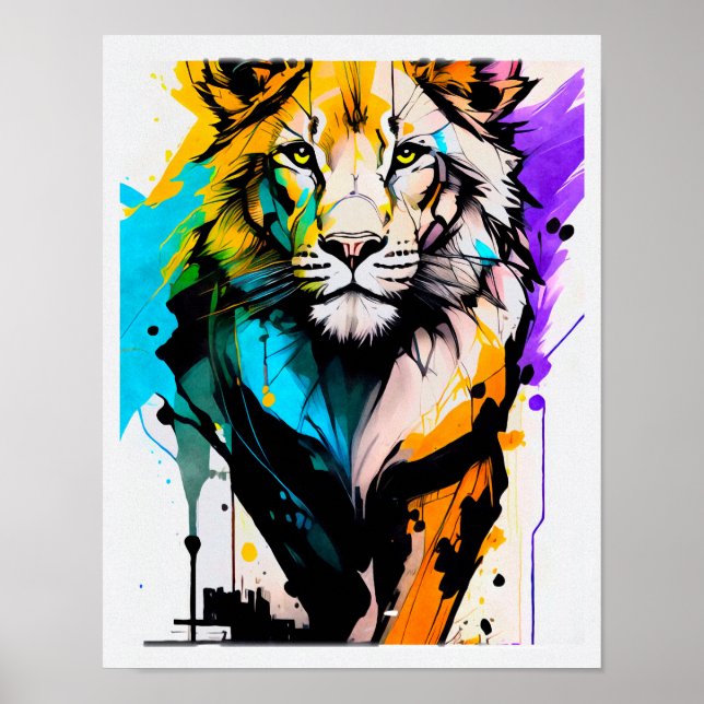 Póster León negro formas líneas pinturas salpicaduras púr (Frente)
