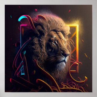 Póster León neón - Ca de realismo al estilo del graffiti