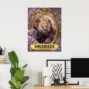 Póster León púrpura romántico y rosas fantasía
