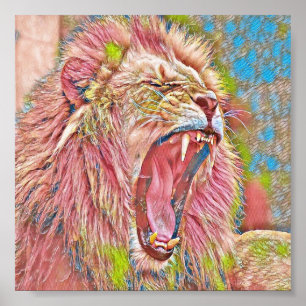 Póster León rosa artístico rugiendo