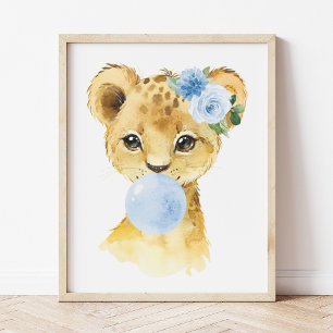 Póster León, Safari, Ciruela de Burbujas Azules, Guarderí