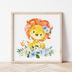 Póster León, Safari, Jungla, Flores azules, niñera