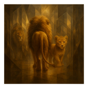 Póster León y cachorro en un laberinto de espejos dorados