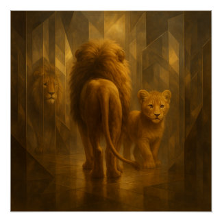 Póster León y cachorro en un laberinto de espejos dorados