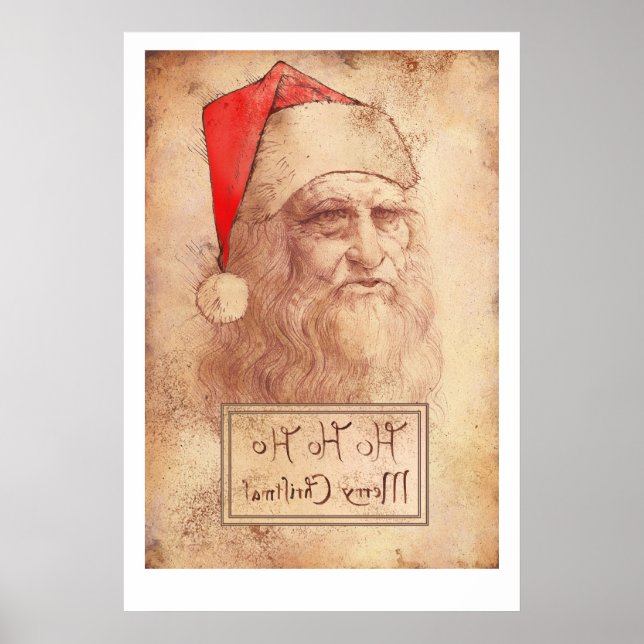 Póster Leonardo da Vinci humorístico como Santa (Frente)