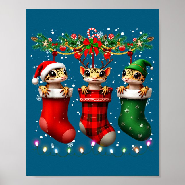 Póster Leopard Gecko In Christmas Socks Lights Leopard Ge (Frente)