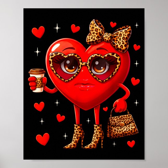 Póster Leopard Heart Drinking Coffee Valentines Day Women (Frente)