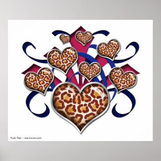 Póster Leopard Print Hearts Poster de ráfagas rosas y azu