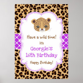 Póster Leopard Print Quatrefoil Birthday Poster Purple
