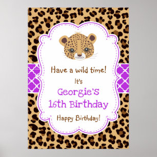 Póster Leopard Print Quatrefoil Birthday Poster Purple