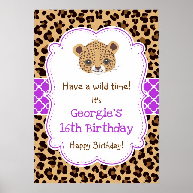 Póster Leopard Print Quatrefoil Birthday Poster Purple (Frente)