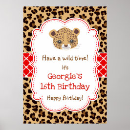 Póster Leopard Print Quatrefoil Poster de cumpleaños rojo