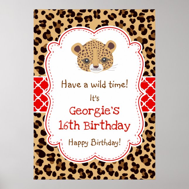 Póster Leopard Print Quatrefoil Poster de cumpleaños rojo (Frente)