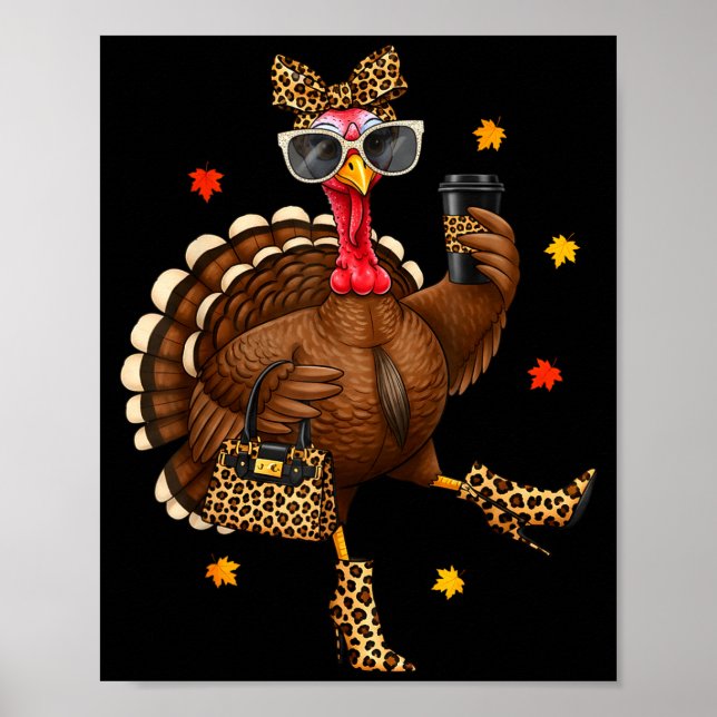 Póster Leopard Turkey Drinking Coffee Thanksgiving Women  (Frente)