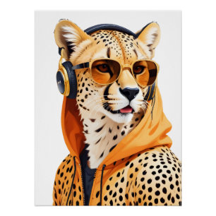 Póster Leopard usando Hoodie Funny personaje de animal de