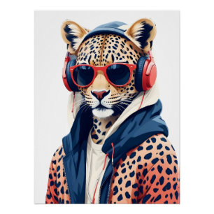 Póster Leopard usando Hoodie Funny personaje de animal de
