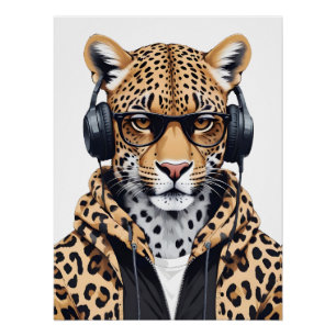 Póster Leopard usando Hoodie Funny personaje de animal de