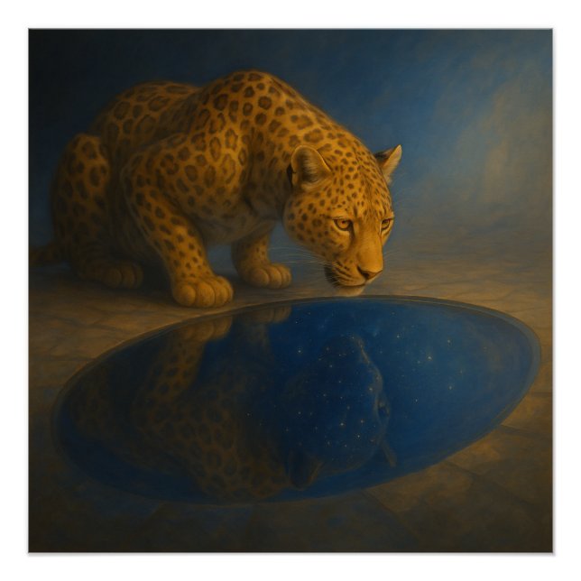 Póster Leopardo bebiendo de una piscina estrellada – GeoW (Anverso)