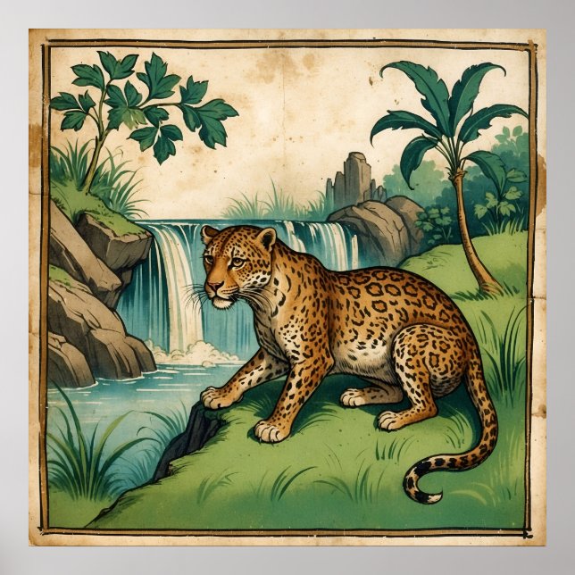 Póster Leopardo de cascada con encanto medieval (Frente)