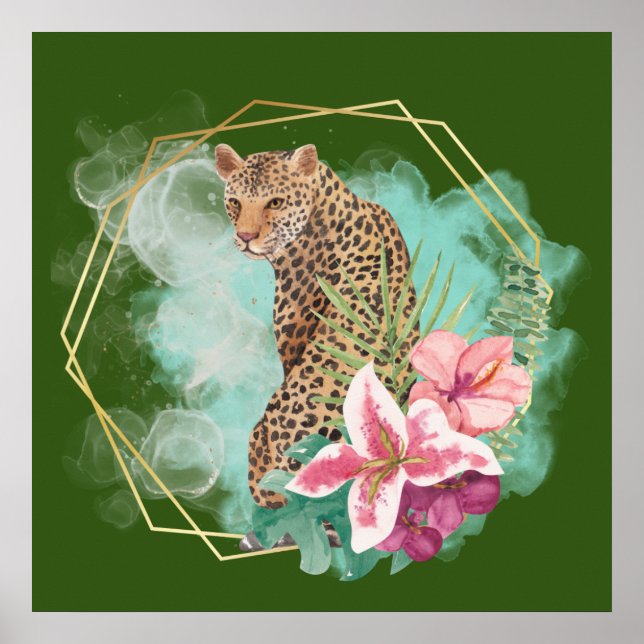 Póster Leopardo de color de agua y marco tropical (Frente)