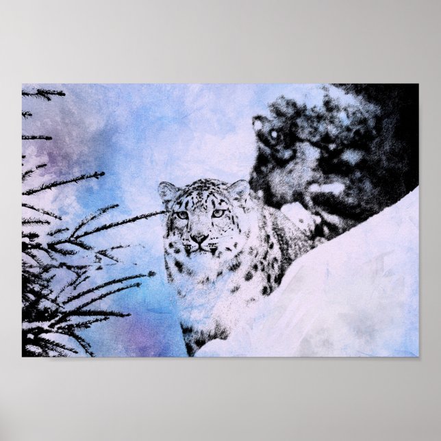 Póster Leopardo de la nieve de color de agua (Frente)