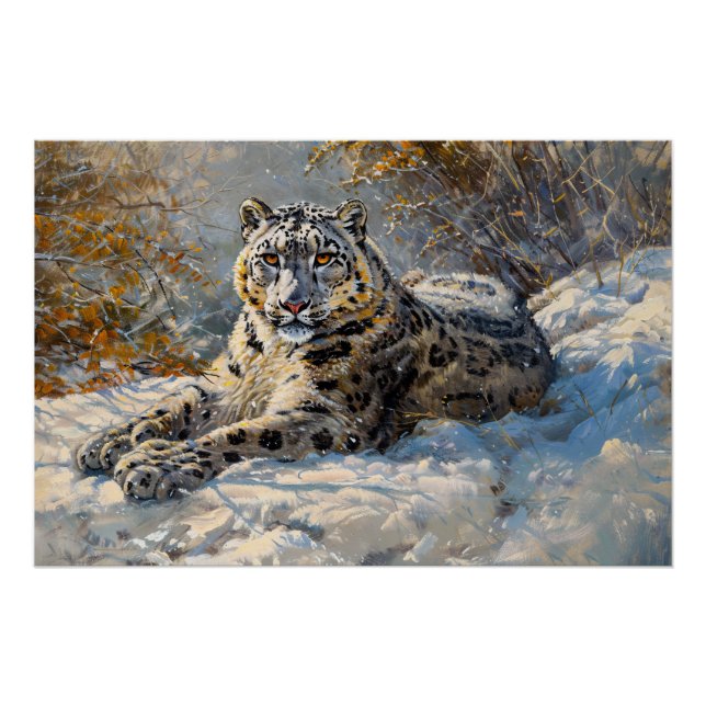 Póster Leopardo de la nieve durmiendo en la nieve (Anverso)