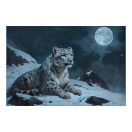 Póster Leopardo de la nieve y luna llena