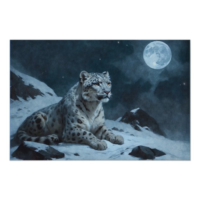 Póster Leopardo de la nieve y luna llena (Anverso)