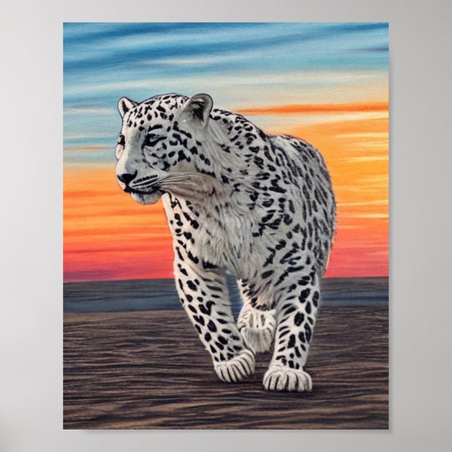 Póster Leopardo de las nieves caminando por la playa dura (Frente)