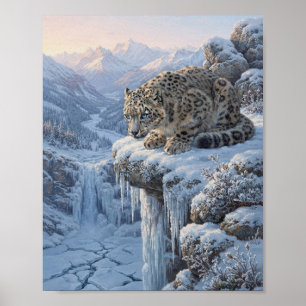 Póster Leopardo de las Nieves Cascada Congelada Precipici