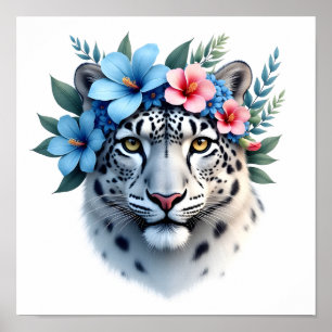 Póster Leopardo de las Nieves con Corona Floral Azul y Ro