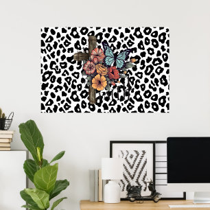Póster Leopardo de las Nieves Cruz, Flores y Mariposas