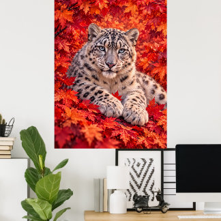 Póster Leopardo de las Nieves entre Hojas de Arce de Otoñ