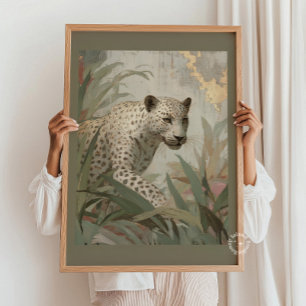 Póster Leopardo de las Nieves Hoja Dorada Botánico Verde 