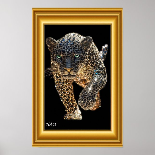 Póster Leopardo Dorado en Movimiento – Lujo Negro y Dorad (Frente)