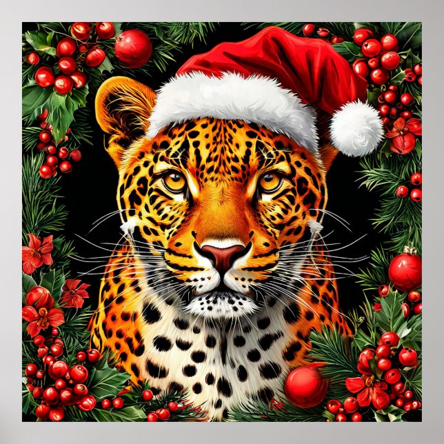 Póster Leopardo Festivo con Gorro de Santa (Frente)