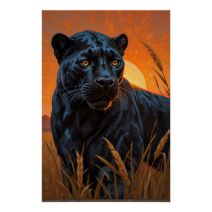 Póster Leopardo negro en las hierbas de Savannah